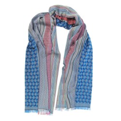 Maxi scarf, macro micro, silk & cotton, blue sky and multicolor, made in Lyon France by sophie guyot silks