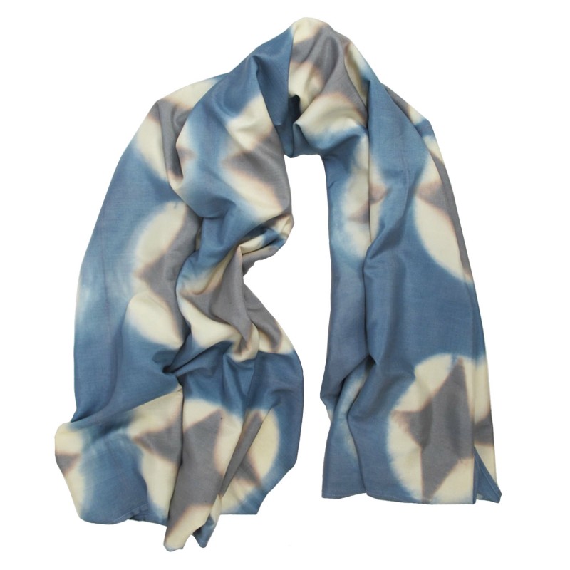 Scarf rectangle in raw silk, multicolor, with geometric patterns made by itajime.