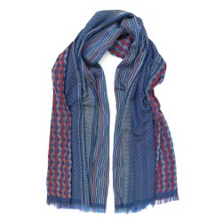 Maxi scarf, macro micro, silk & cotton, blue and multicolor, made in Lyon France by sophie guyot silks