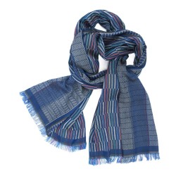 Woven scarf, macro micro, midi, silk & cotton, electric blue and multicolor, made in Lyon France by sophie guyot silks