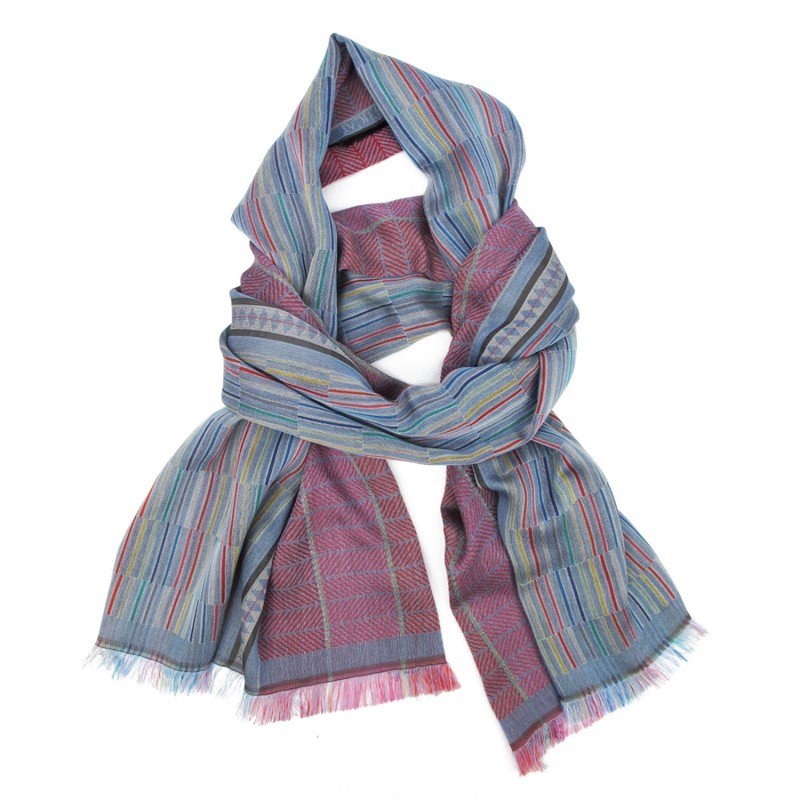 Woven scarf, macro micro, midi, silk & cotton, sky blue and multicolor, made in Lyon France by sophie guyot silks