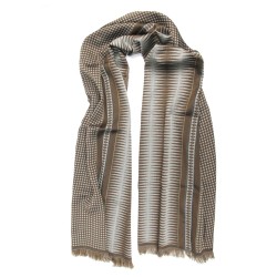 Double woven scarf in silk & wool, polka dots & diamond patterns, sand & brown colors by sophie guyot silks in Lyon