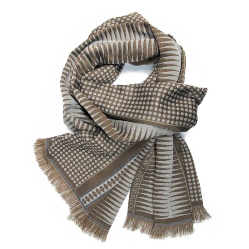 Double woven scarf in silk & wool, polka dots & diamond patterns, sand & brown colors by sophie guyot silks in Lyon
