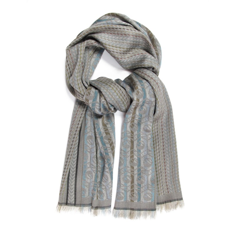 Woven scarf pop circuit silk & wool midi size cobblestone and multicolor, made in Lyon France by sophie guyot silks