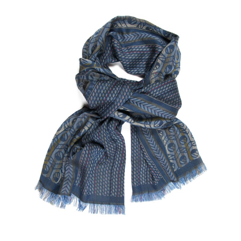 Woven scarf midi multicolor blue pop circuit grid hoses silk cotton made in lyon france