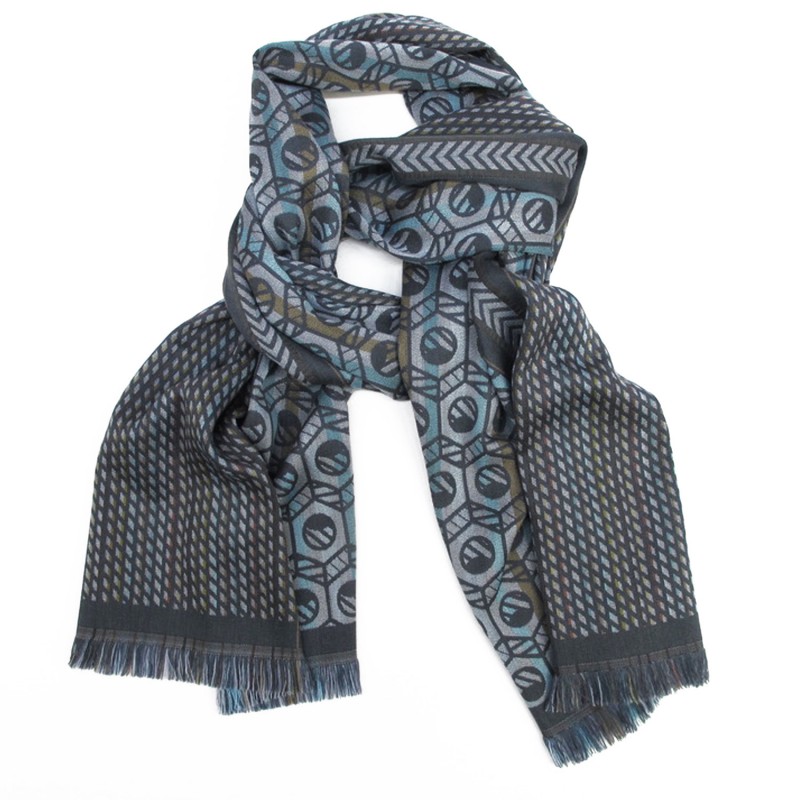 Woven scarf pop circuit silk & wool midi size steel and multicolor, made in Lyon France by sophie guyot silks