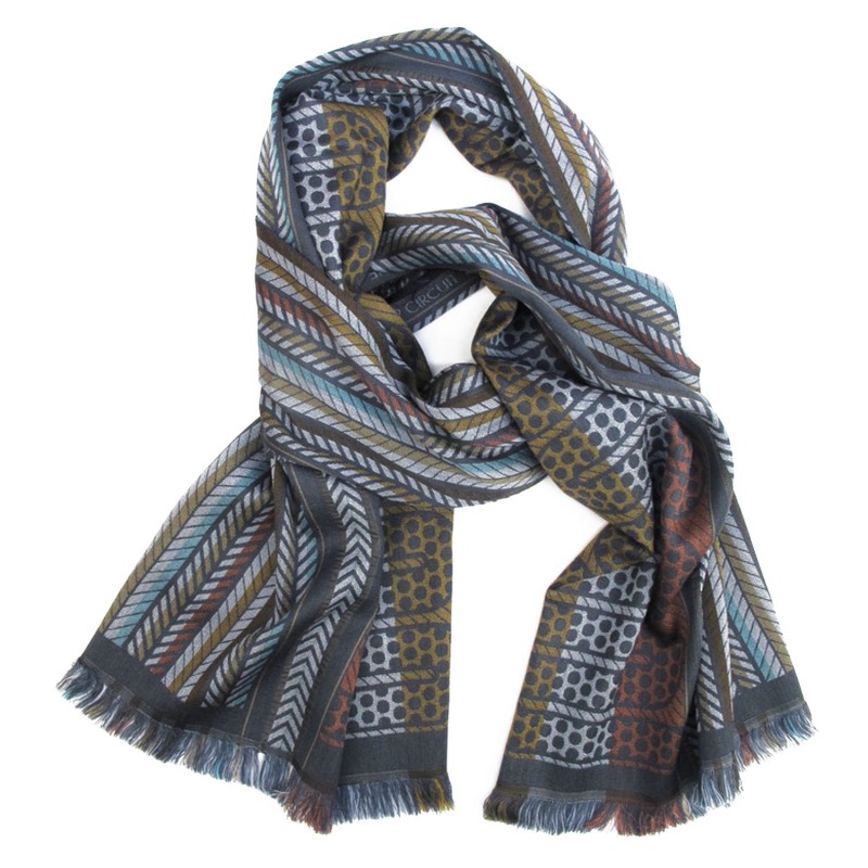 Woven scarf pop circuit silk & wool midi size steel and multicolor, made in Lyon France by sophie guyot silks