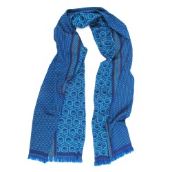 Woven scarf pop circuit silk & wool midi size ink and blue hawaï, made in Lyon France by sophie guyot silks