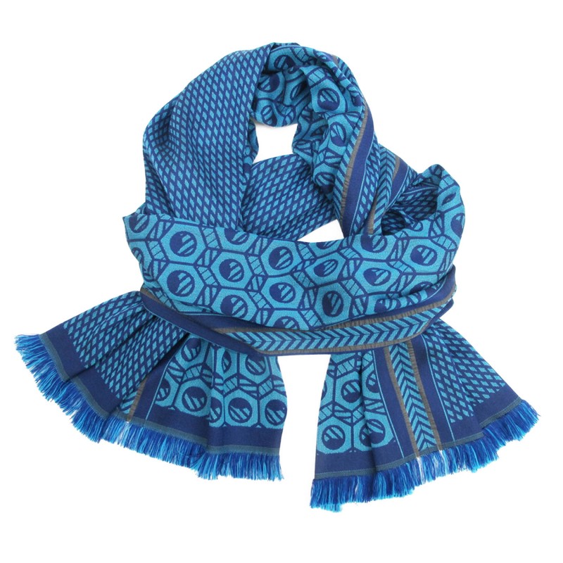 Woven scarf pop circuit silk & wool midi size ink and blue hawaï, made in Lyon France by sophie guyot silks