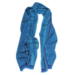 Woven scarf pop circuit silk & wool midi size ink and blue hawaï, made in Lyon France by sophie guyot silks