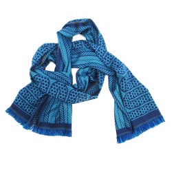 Woven scarf pop circuit silk & wool midi size ink and blue hawaï, made in Lyon France by sophie guyot silks