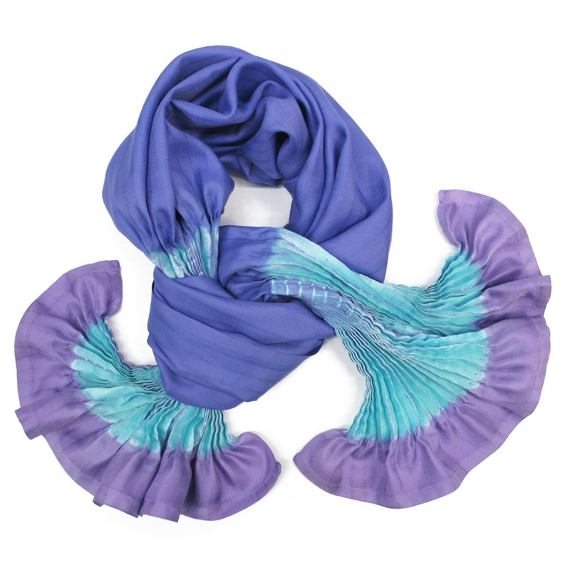 Short pleated scarf minipli multicolor in silk twill, tie and dye by sophie guyot silk designer in Lyon France